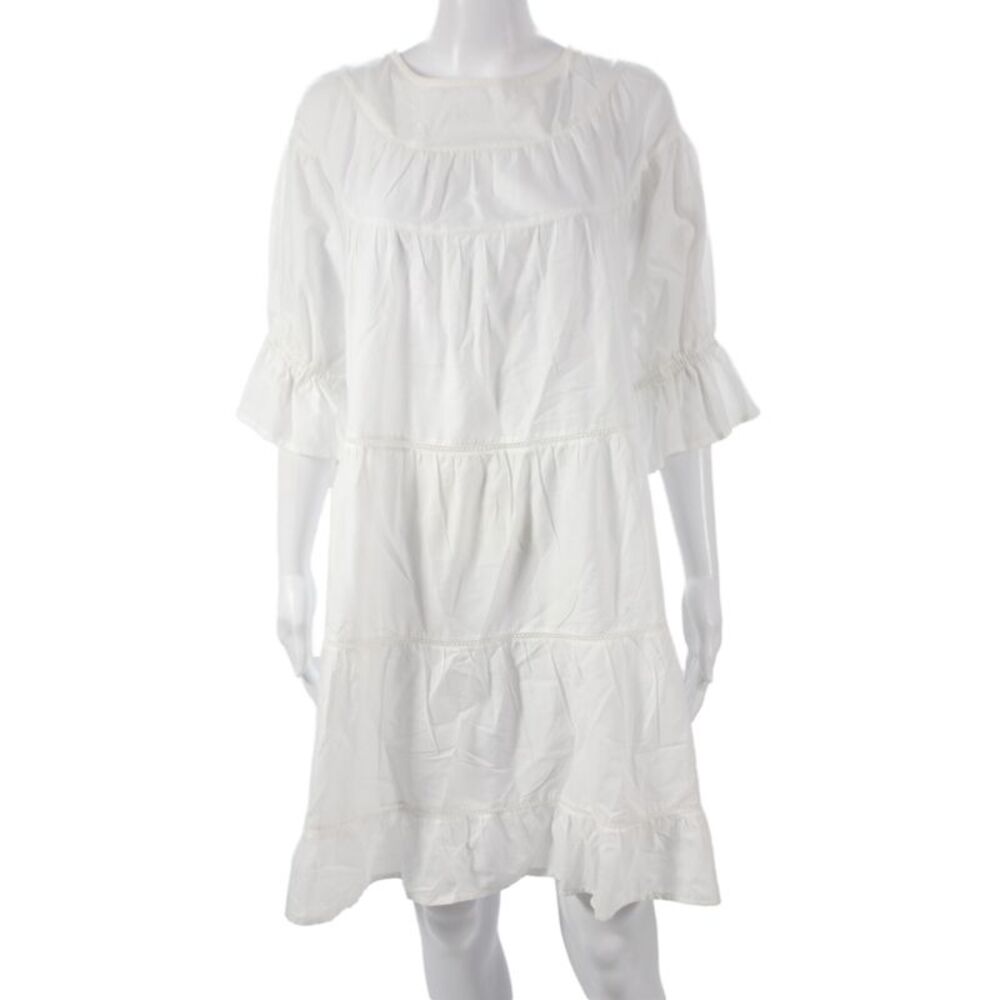 Merlette Women White Cotton Bohemian Mini Dress Round Neck Half Sleeve Size L